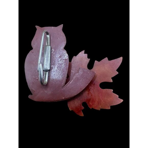 Vintage 1940s Celluloid Owl Pin Layered 3D Brooch‎ Quirky Jewelry Autumn Leaf - Picture 6 of 8